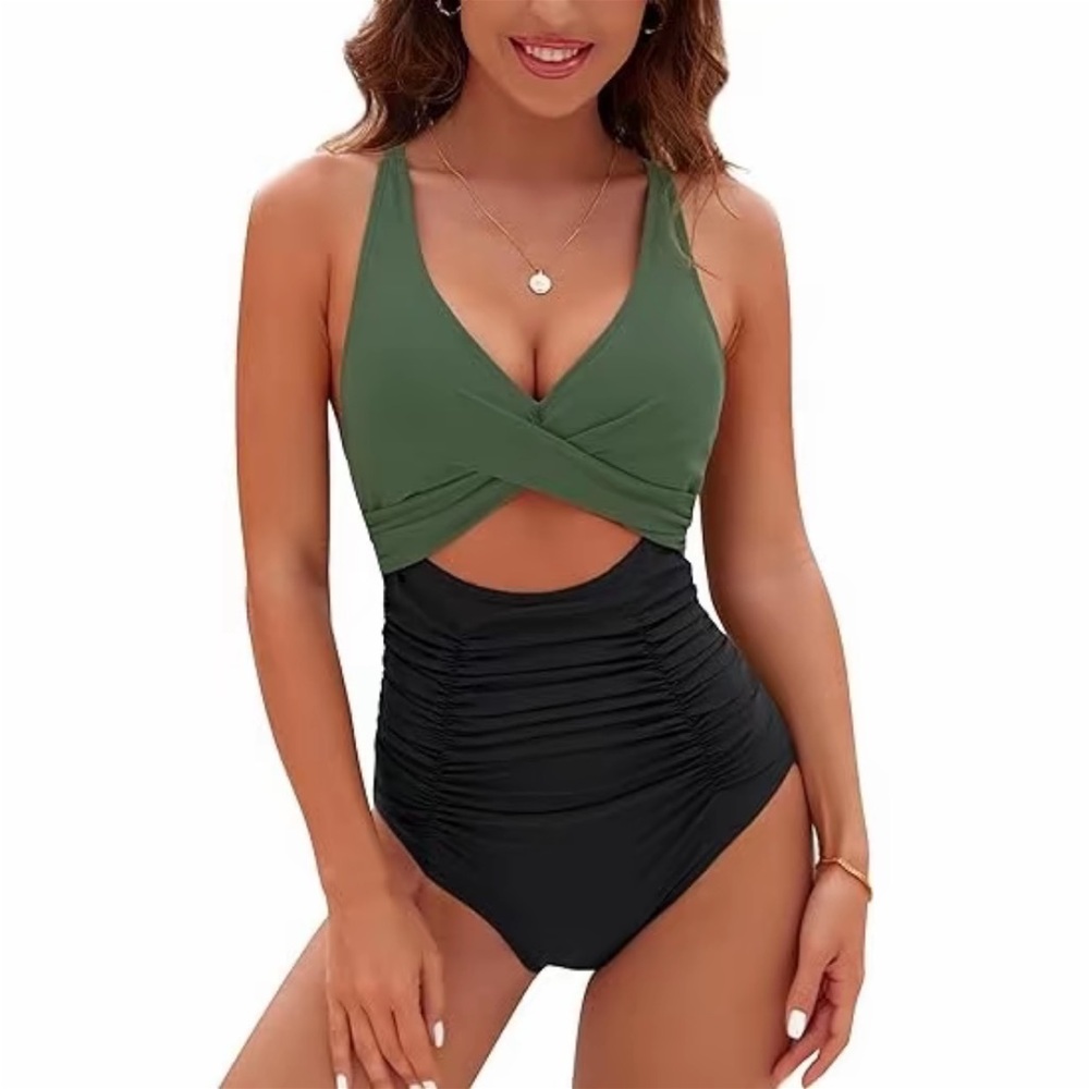 Stylish Green and Black One Piece Swimsuit